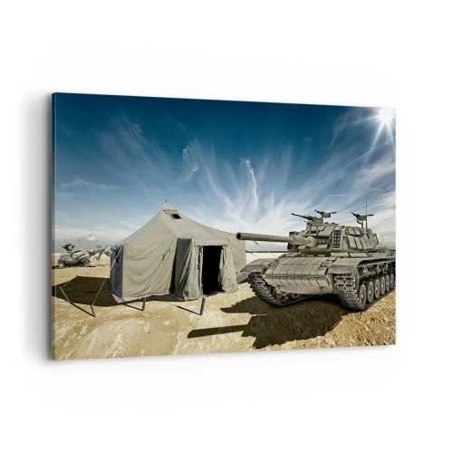 Impression sur toile - Image sur toile - Un char à côté d'une tente militaire dans une zone désertique - 100x70cm - Un rêve militaire - Décoration murale moderne pour le salon et la chambre ARTTOR