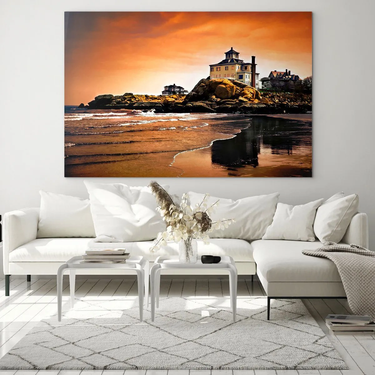 Impression sur verre - Image sur verre - Maison sur une falaise surplombant la mer au coucher du soleil - 70x50cm - L'élégance de la côte ouest - Décoration murale moderne pour le salon et la chambre ARTTOR