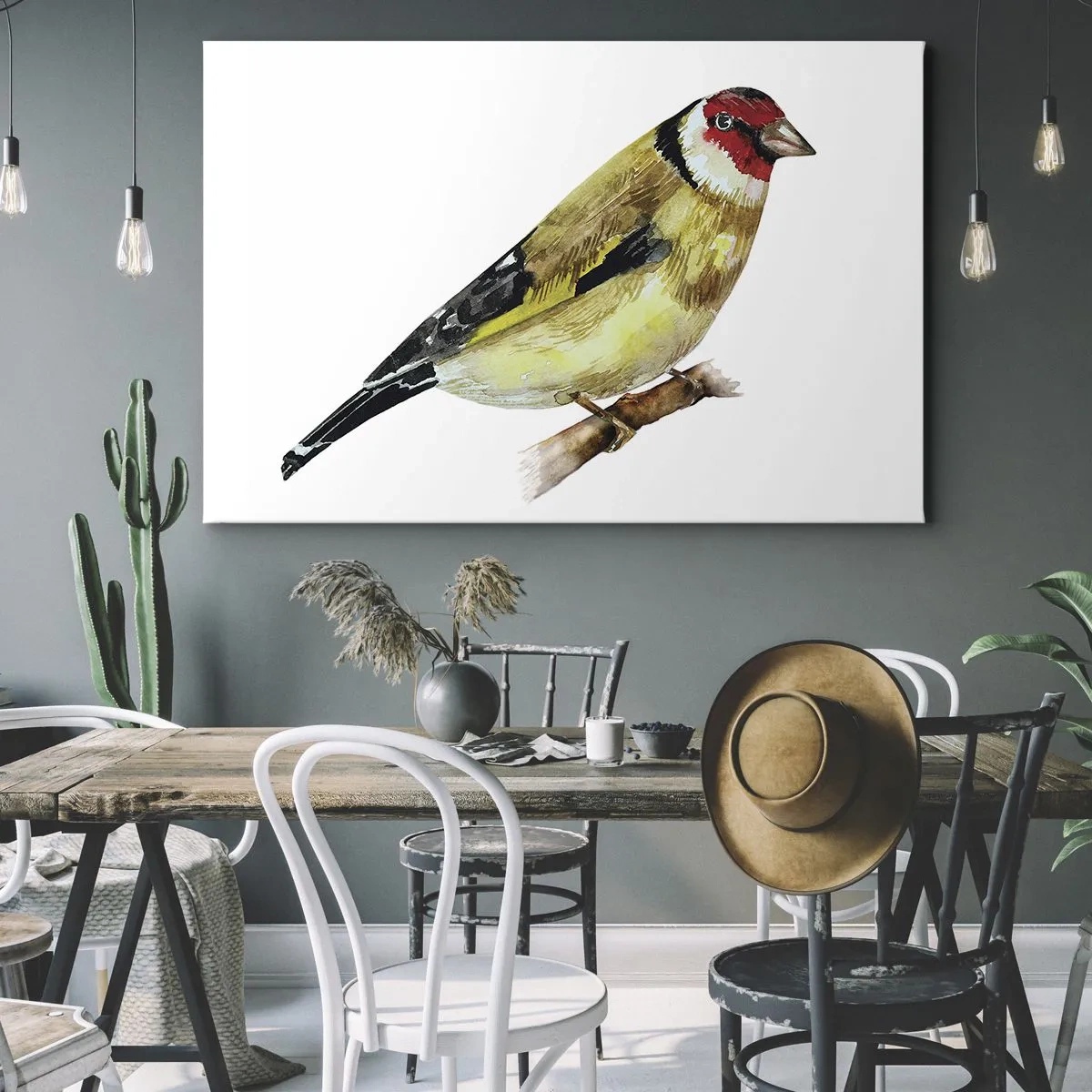 Impression sur toile - Image sur toile - Un oiseau à tête rouge sur une branche - 70x50cm - Portrait d'oiseau - Décoration murale moderne pour le salon et la chambre ARTTOR