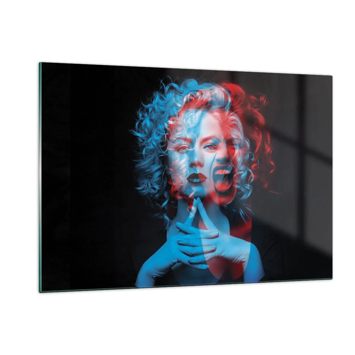 Impression sur verre - Image sur verre - Portrait d'une femme avec un effet de changement de couleur, dans les tons bleus et rouges - 120x80cm - Alter ego - Décoration murale moderne pour le salon et la chambre ARTTOR