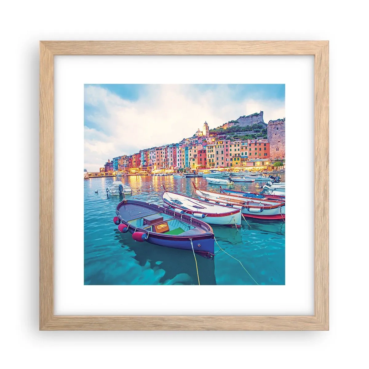 Affiche dans un chêne clair - Poster - Soirée colorée au port - 30x30 cm