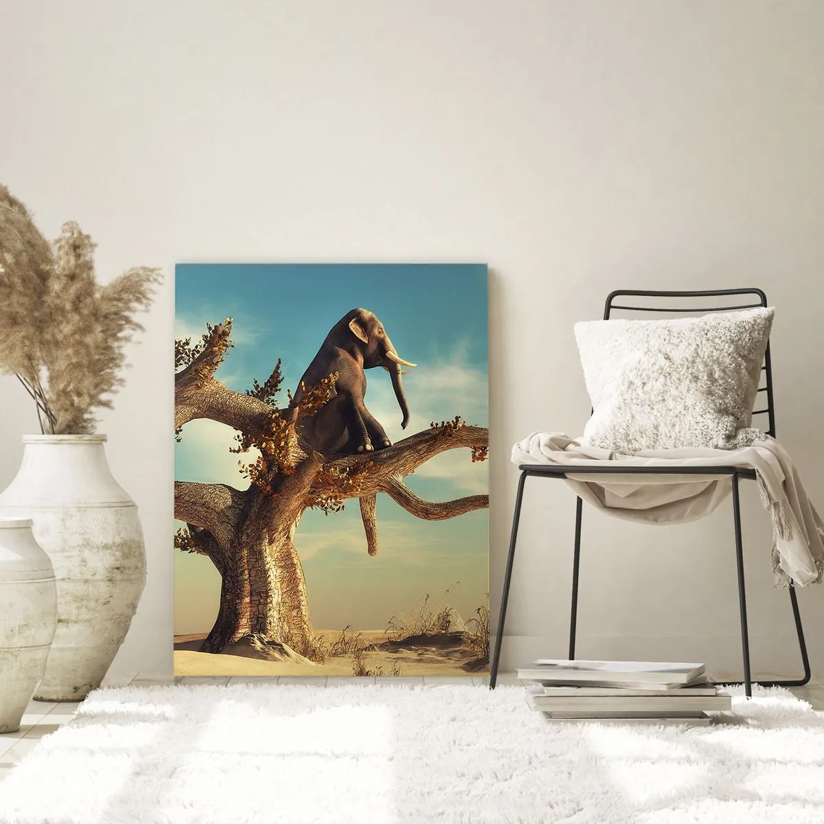 Impression sur verre - Image sur verre - Un éléphant assis sur un arbre sur fond de désert - 50x70cm - Nouveau point de vue - Décoration murale moderne pour le salon et la chambre ARTTOR