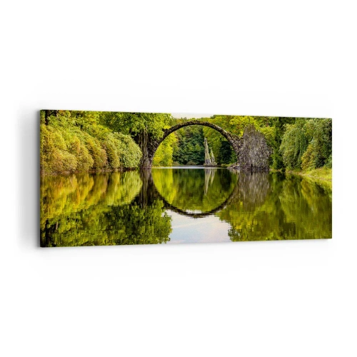 Impression sur toile - Image sur toile - Un pont de pierre sur une rivière avec un reflet parfait dans l'eau - 120x50cm - À la jonction de deux mondes - Décoration murale moderne pour le salon et la chambre ARTTOR