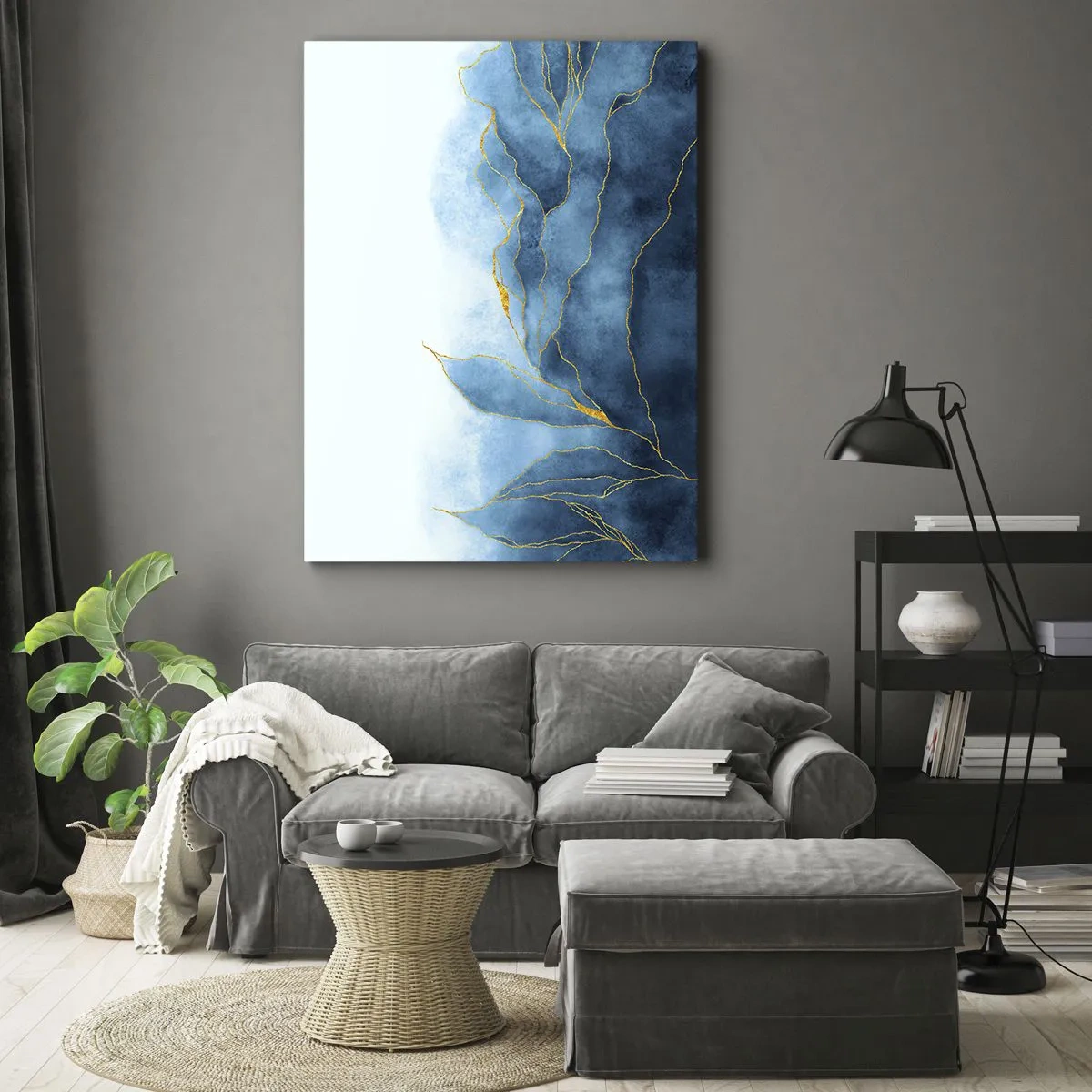 Impression sur toile - Image sur toile - Vagues abstraites dans des tons de bleu avec des accents dorés - 70x100cm - Bleu doré - Décoration murale moderne pour le salon et la chambre ARTTOR