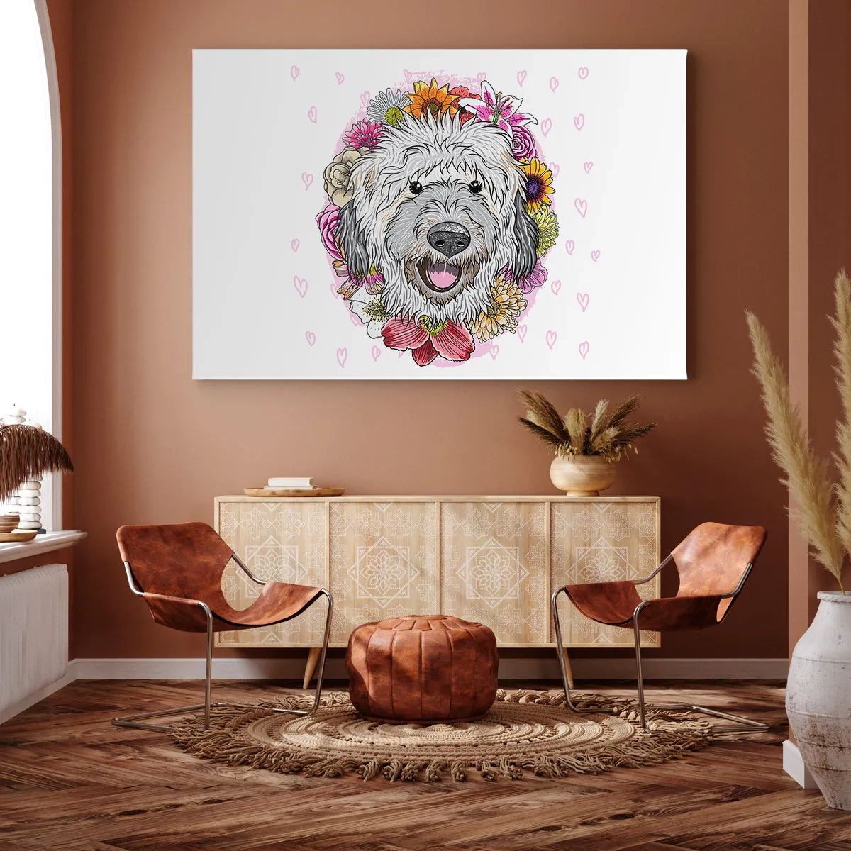 Impression sur toile - Image sur toile - Un chien entouré de fleurs colorées - 70x50cm - La joie du chiot - Décoration murale moderne pour le salon et la chambre ARTTOR