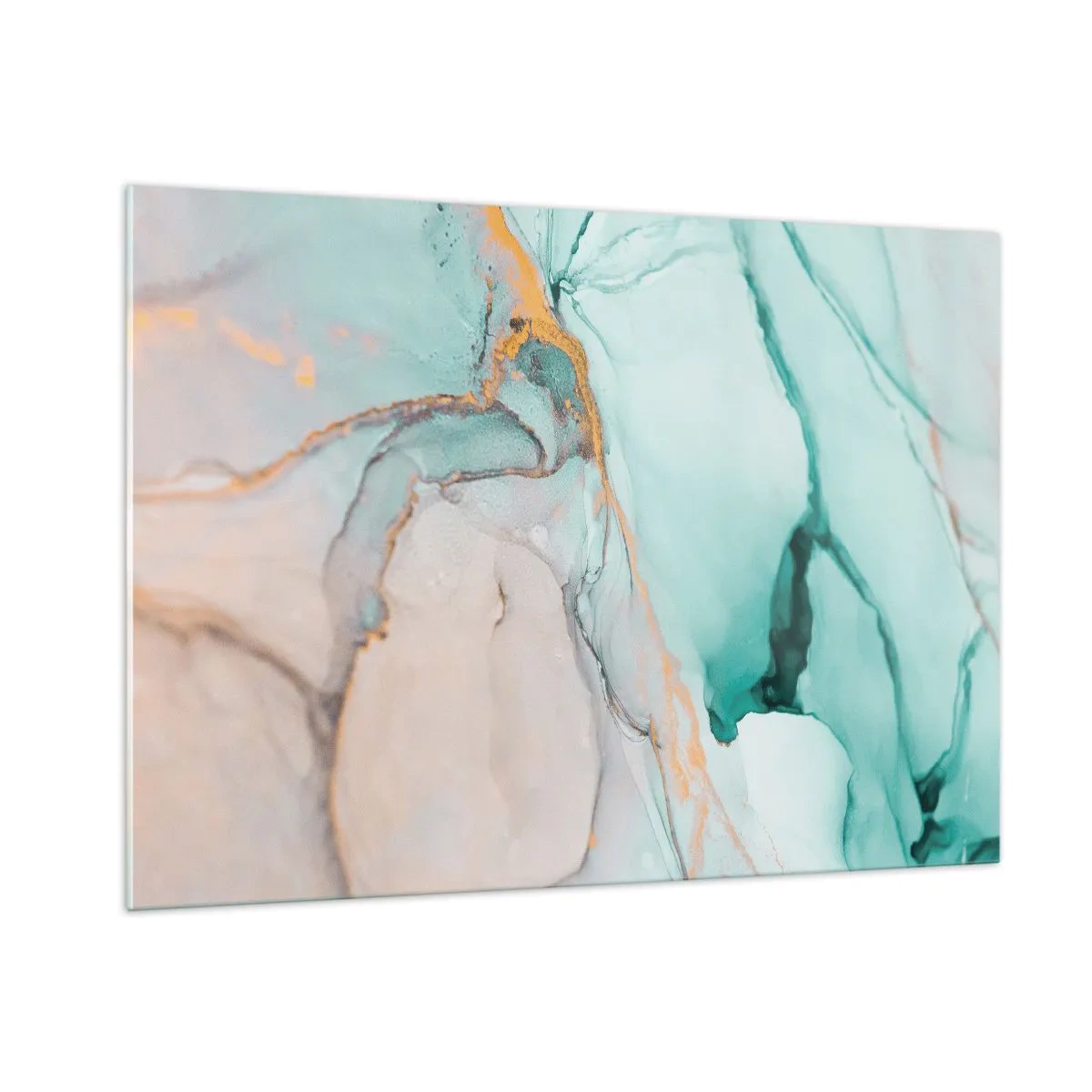 Impression sur verre - Image sur verre - Une composition abstraite dans des tons turquoise et or. - 100x70cm - Danse des formes et des couleurs - Décoration murale moderne pour le salon et la chambre ARTTOR