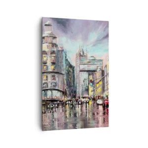 Impression sur toile - Image sur toile - Vue nocturne de la ville avec des reflets sur la rue mouillée - 80x120cm - Ce sera une soirée réussie - Décoration murale moderne pour le salon et la chambre ARTTOR