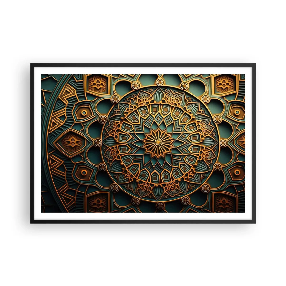 Affiche dans un cadre noir - Poster - Un mandala doré sur fond turquoise avec des détails riches. - 100x70cm - Dans une ambiance arabe - Décoration murale moderne pour le salon et la chambre ARTTOR