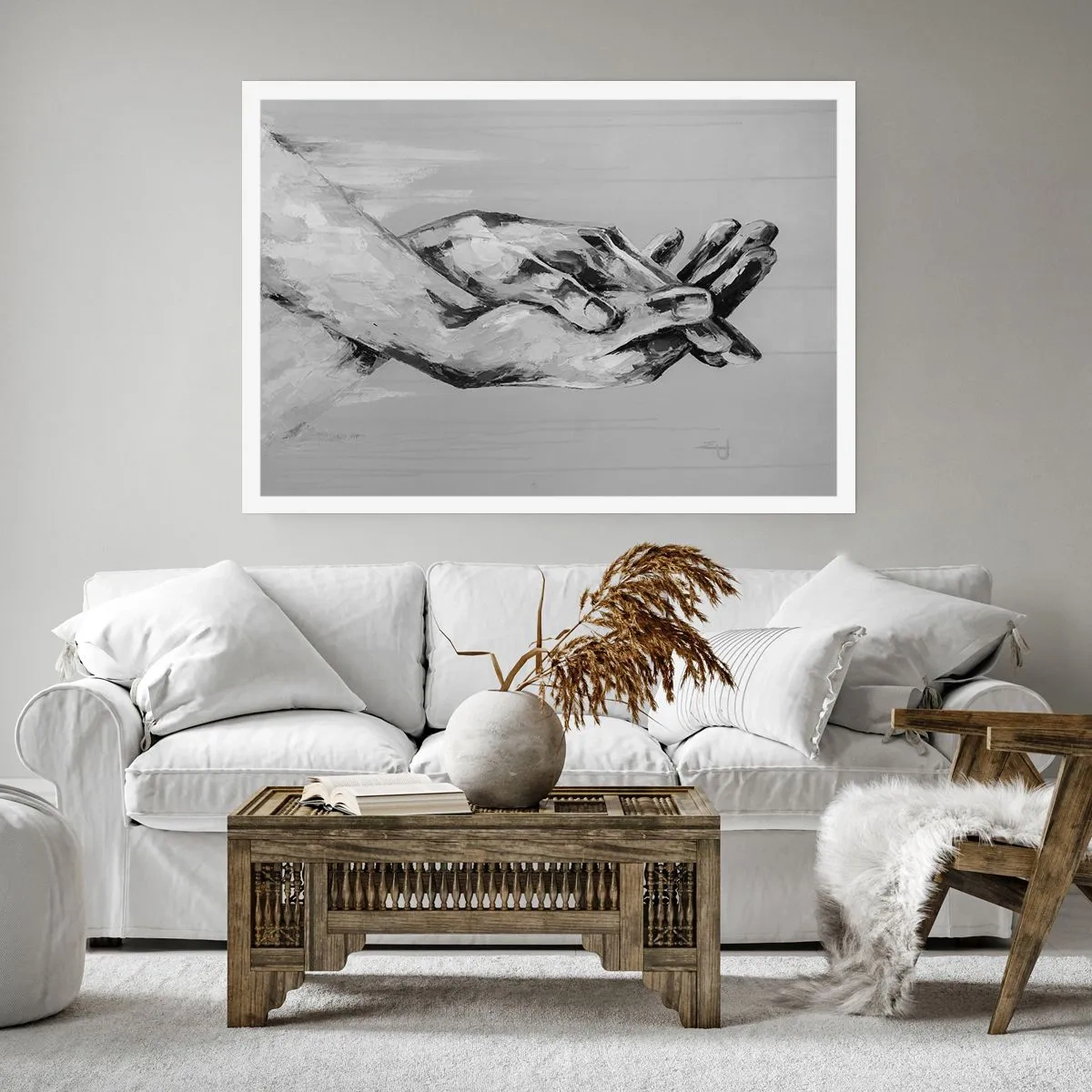 Affiche - Poster - Une composition en noir et blanc de deux mains jointes sur un fond clair. - 100x70cm - Début... - Décoration murale moderne pour le salon et la chambre ARTTOR