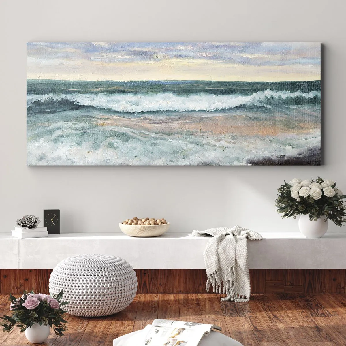 Impression sur toile - Image sur toile - Vagues de la mer contre un ciel nuageux au coucher du soleil - 120x50cm - Ici tu adouciras ton âme - Décoration murale moderne pour le salon et la chambre ARTTOR