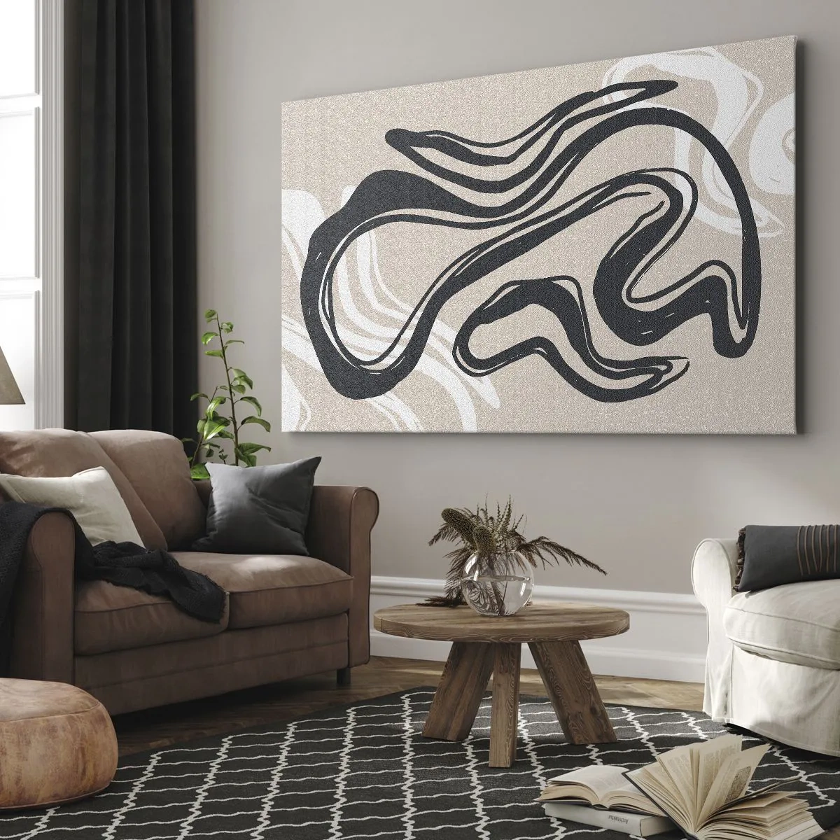 Impression sur toile - Image sur toile - Lignes abstraites dans des tons sombres sur fond beige - 100x70cm - Expression multipliée - Décoration murale moderne pour le salon et la chambre ARTTOR