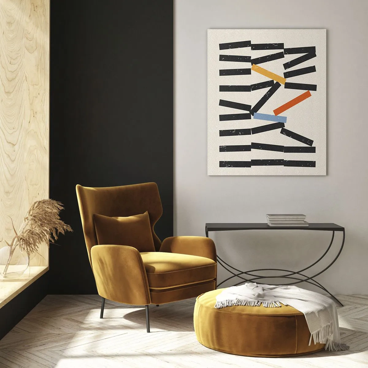 Impression sur verre - Image sur verre - Composition abstraite avec des rectangles colorés et noirs - 70x100cm - Dominos – composition - Décoration murale moderne pour le salon et la chambre ARTTOR
