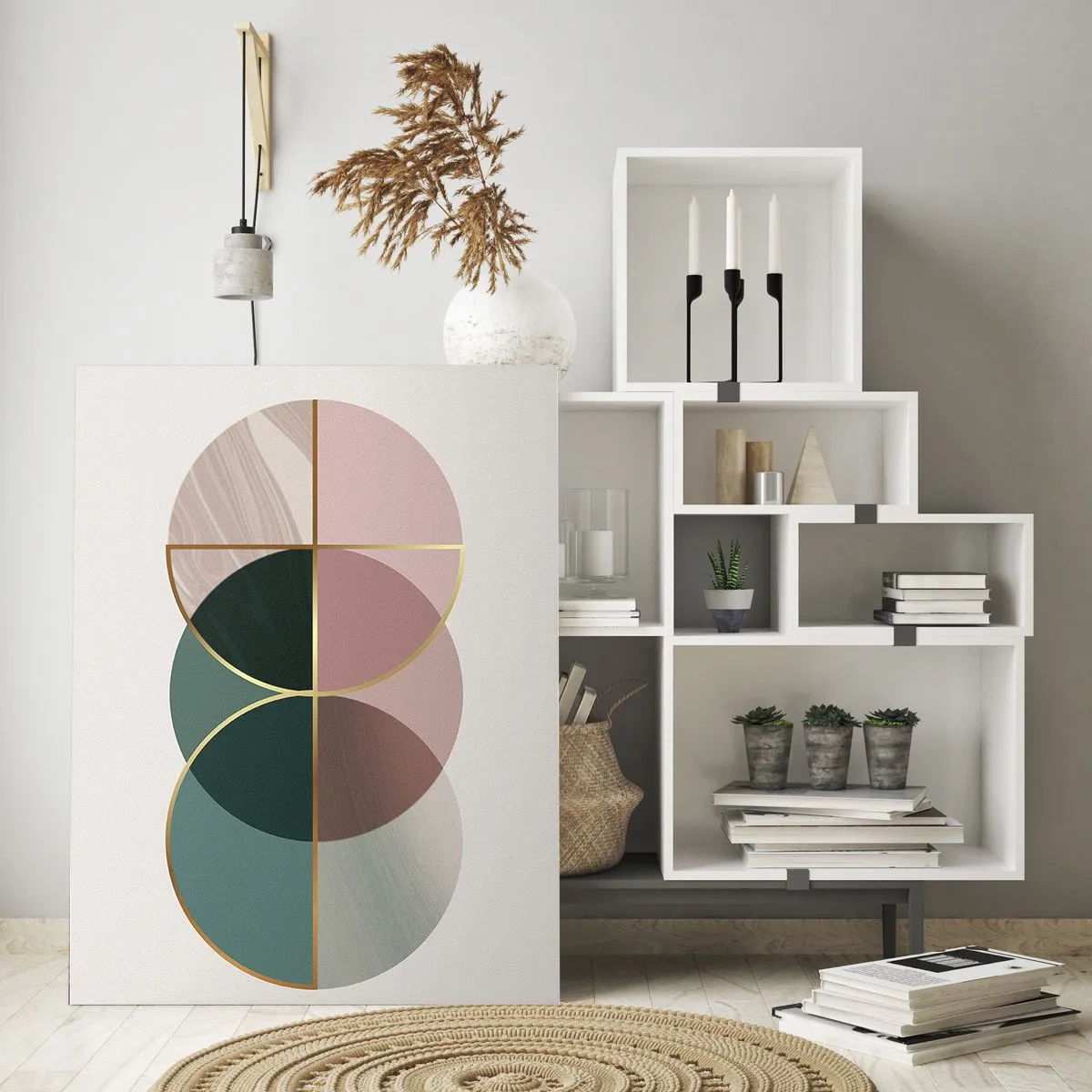 Impression sur verre - Image sur verre - Une composition abstraite de formes géométriques et de lignes dorées. - 80x120cm - Cercles après cercles - Décoration murale moderne pour le salon et la chambre ARTTOR