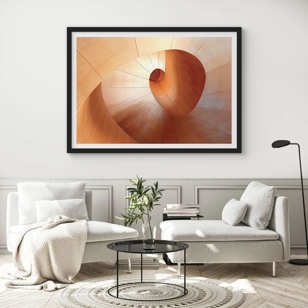 Affiche dans un cadre noir - Poster - Spirale abstraite dans les tons bois et marron clair - 70x50cm - Serpentin architectural - Décoration murale moderne pour le salon et la chambre ARTTOR