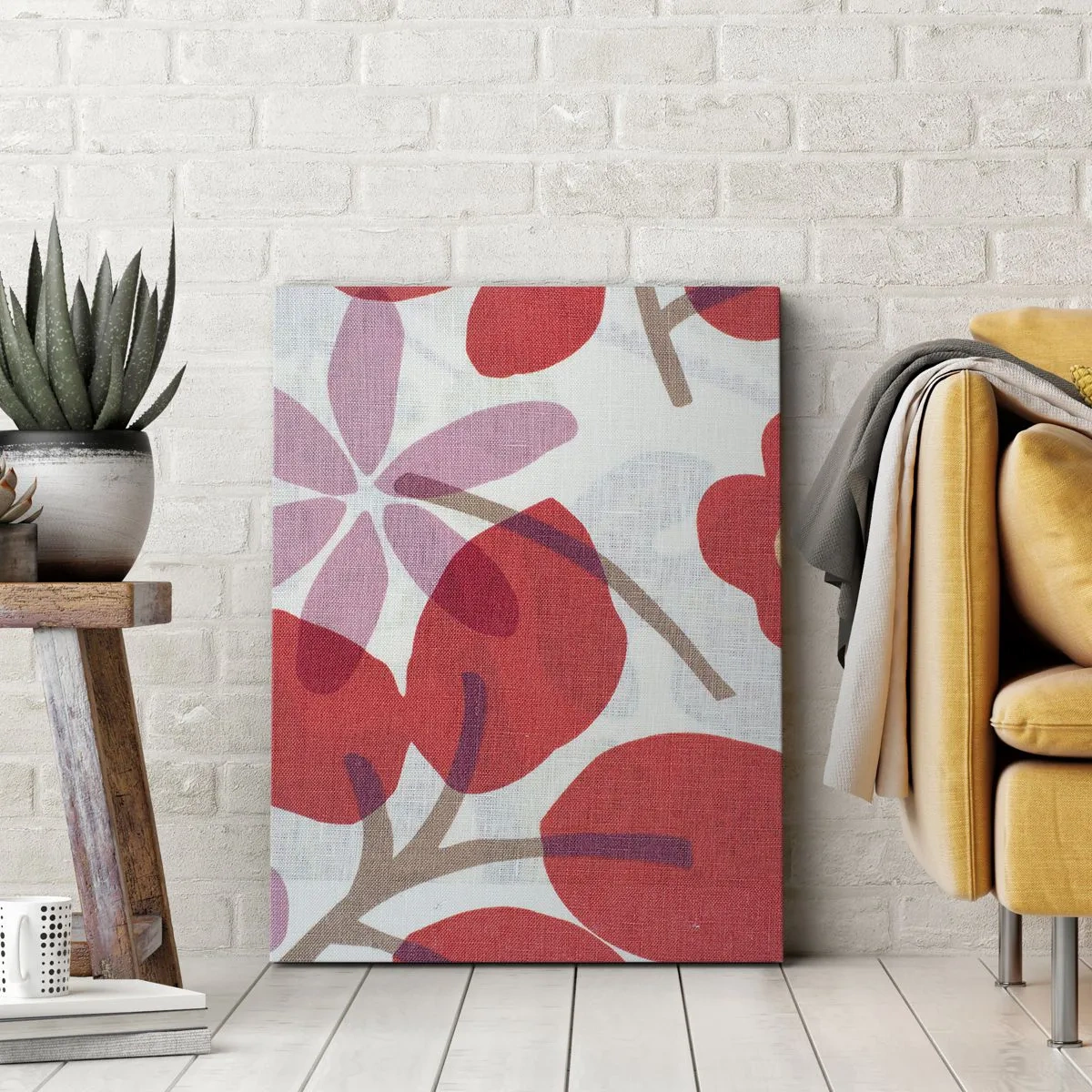 Impression sur toile - Image sur toile - Fleurs et feuilles dans les tons de rouge et de rose - 70x100cm - Composition florale dans les roses - Décoration murale moderne pour le salon et la chambre ARTTOR