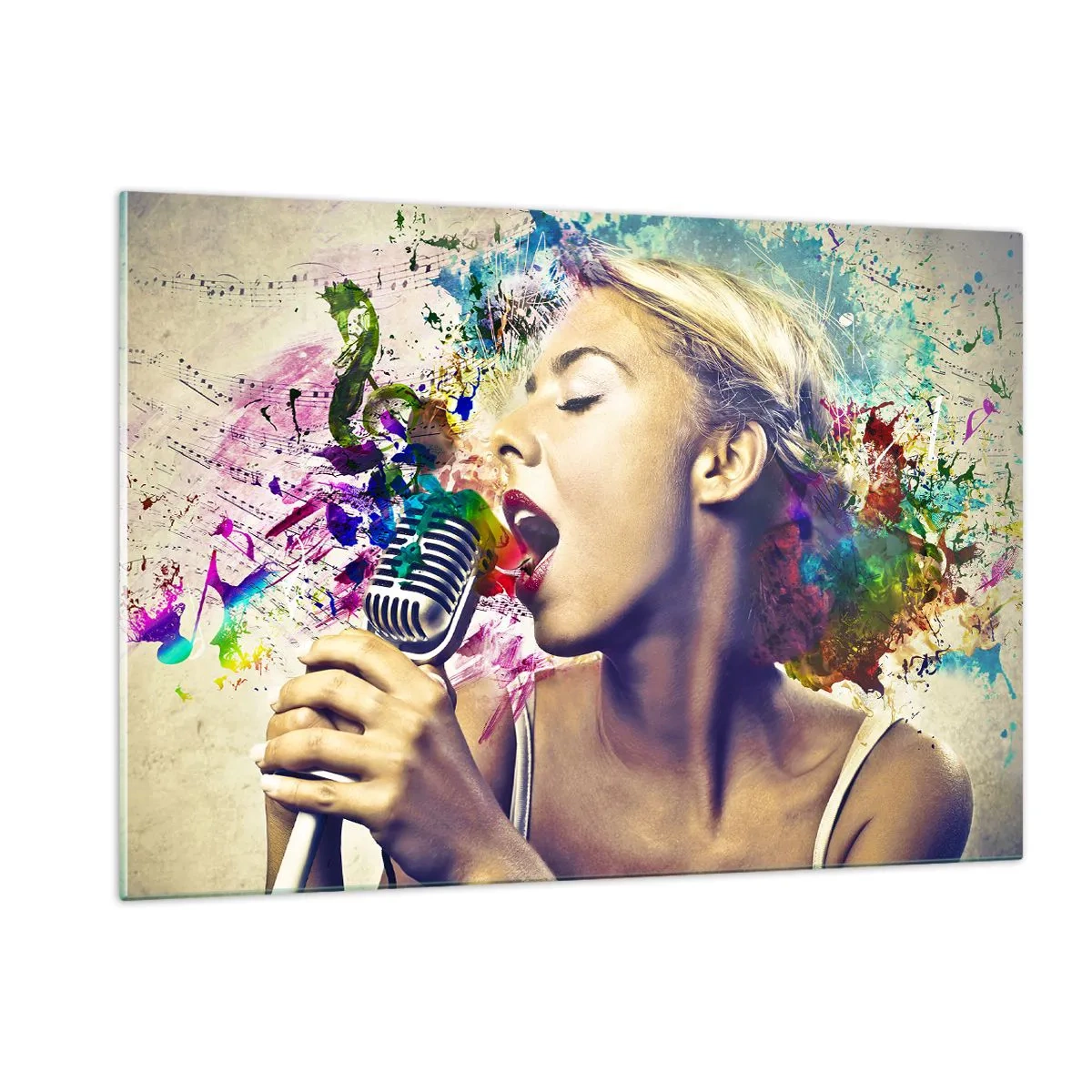 Impression sur verre - Image sur verre - Une composition colorée d'une femme chantant dans un microphone. - 120x80cm - Peindre le monde avec sa voix - Décoration murale moderne pour le salon et la chambre ARTTOR