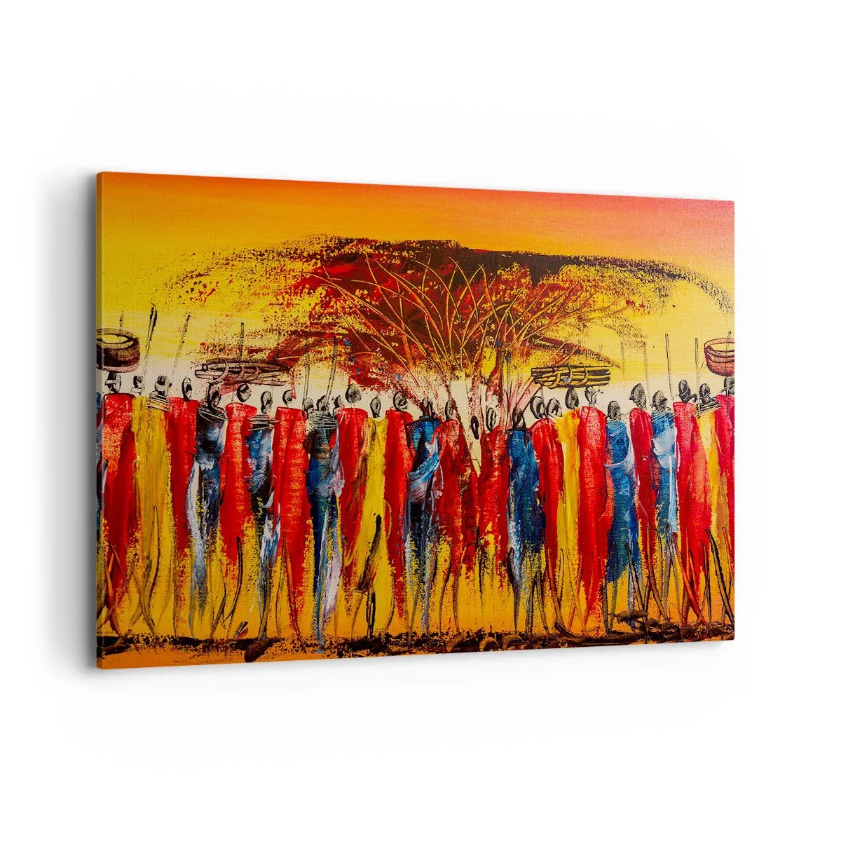 Impression sur toile - Image sur toile - Une scène colorée avec des personnages africains sur fond de soleil couchant. - 100x70cm - Là-bas, là-bas, ils vont là-bas - Décoration murale moderne pour le salon et la chambre ARTTOR