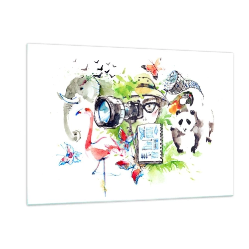 Impression sur verre - Image sur verre - Illustration d'un photographe avec un appareil photo et des animaux - 120x80cm - Dans l'objectif d'un voyageu - Décoration murale moderne pour le salon et la chambre ARTTOR