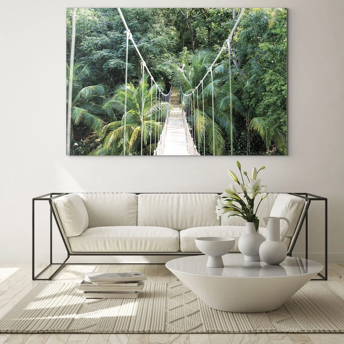 Impression sur verre - Image sur verre - Pont suspendu dans une forêt tropicale - 120x80cm - Welcome to the jungle! - Décoration murale moderne pour le salon et la chambre ARTTOR
