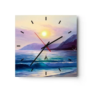 Horloge murale - Pendule murale - Un paysage marin pittoresque au coucher du soleil avec des vagues et des montagnes - 30x30cm - Cristal d'eau et d'air - Décoration murale moderne pour le salon et la chambre ARTTOR