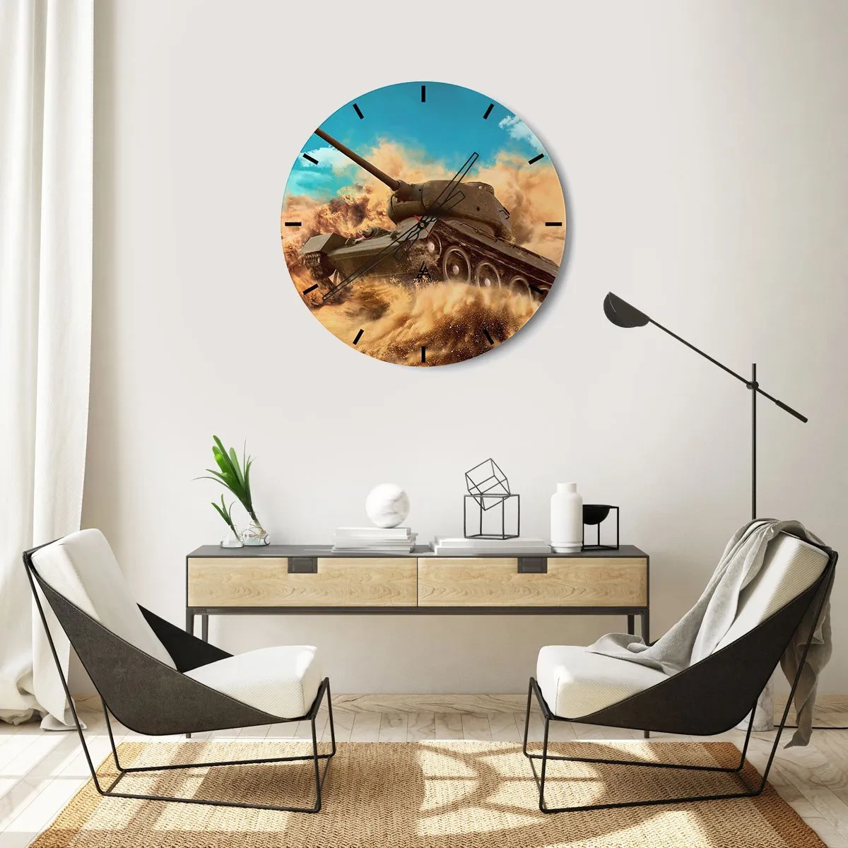 Horloge murale - Pendule murale - Scène dynamique d'un char traversant le désert en action - 30x30cm - Insurmontable - Décoration murale moderne pour le salon, la cuisine et la chambre ARTTOR