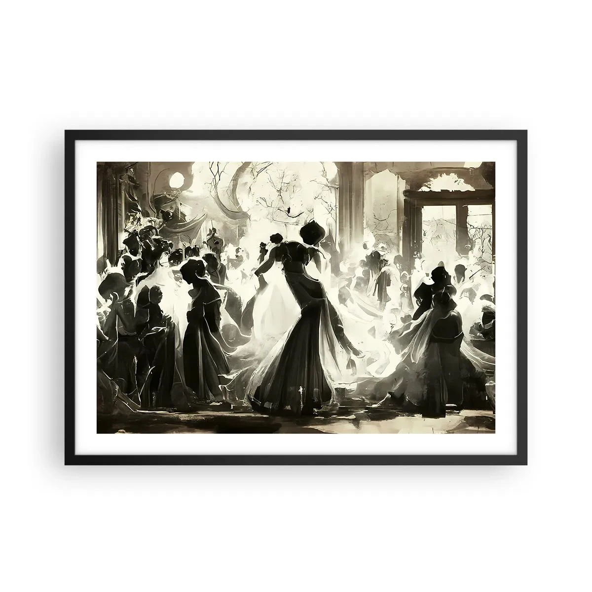 Affiche dans un cadre noir - Poster - Boule de style rétro en noir et blanc - 70x50cm - La grande mascarade - Décoration murale moderne pour le salon et la chambre ARTTOR