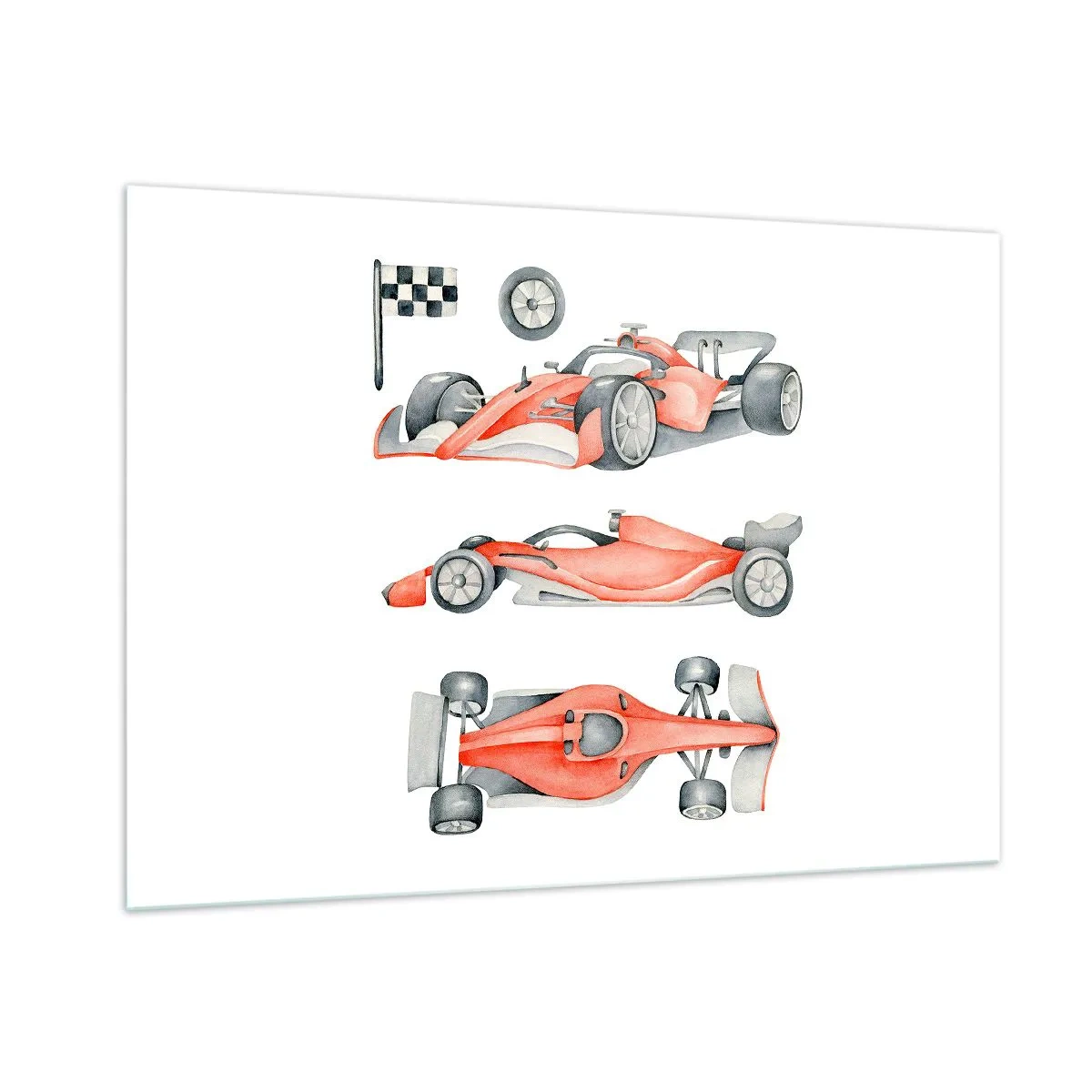 Impression sur verre - Image sur verre - Illustration en trois plans d'une voiture de course rouge avec un drapeau de course - 100x70cm - poursuis ton rêve - Décoration murale moderne pour le salon et la chambre ARTTOR