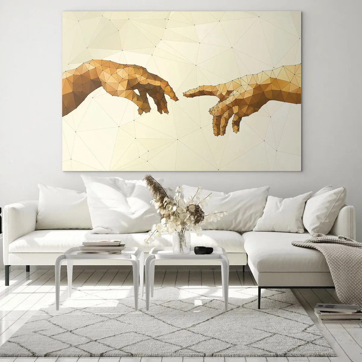 Impression sur verre - Image sur verre - Une version stylisée du tableau « La Création d'Adam » en technique polygonale - 70x50cm - Géométrie divine - Décoration murale moderne pour le salon et la chambre ARTTOR