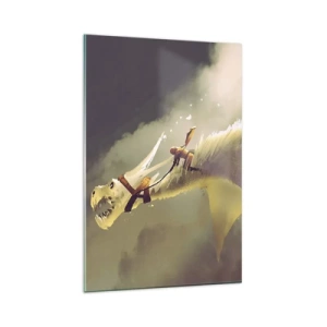 Impression sur verre - Image sur verre - Illustration d'un cavalier de dragon dans un paysage nuageux fantastique - 80x120cm - Le monde à la rescousse - Décoration murale moderne pour le salon et la chambre ARTTOR