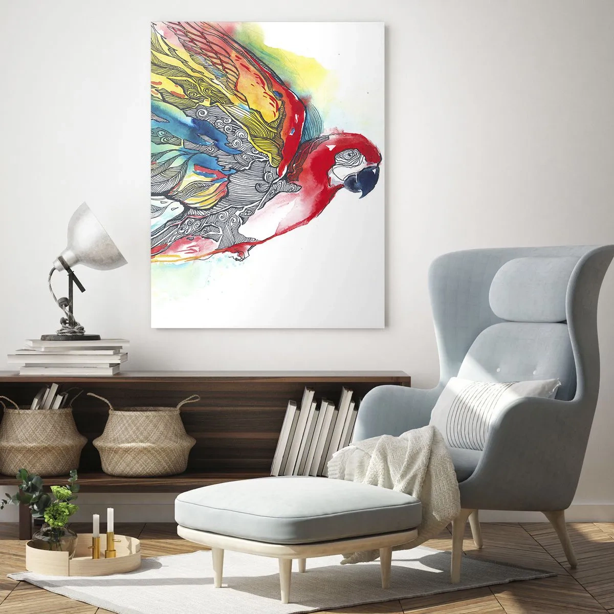 Impression sur verre - Image sur verre - Un perroquet coloré en vol avec des motifs abstraits sur ses ailes. - 70x100cm - Vivez haut en couleurs - Décoration murale moderne pour le salon et la chambre ARTTOR