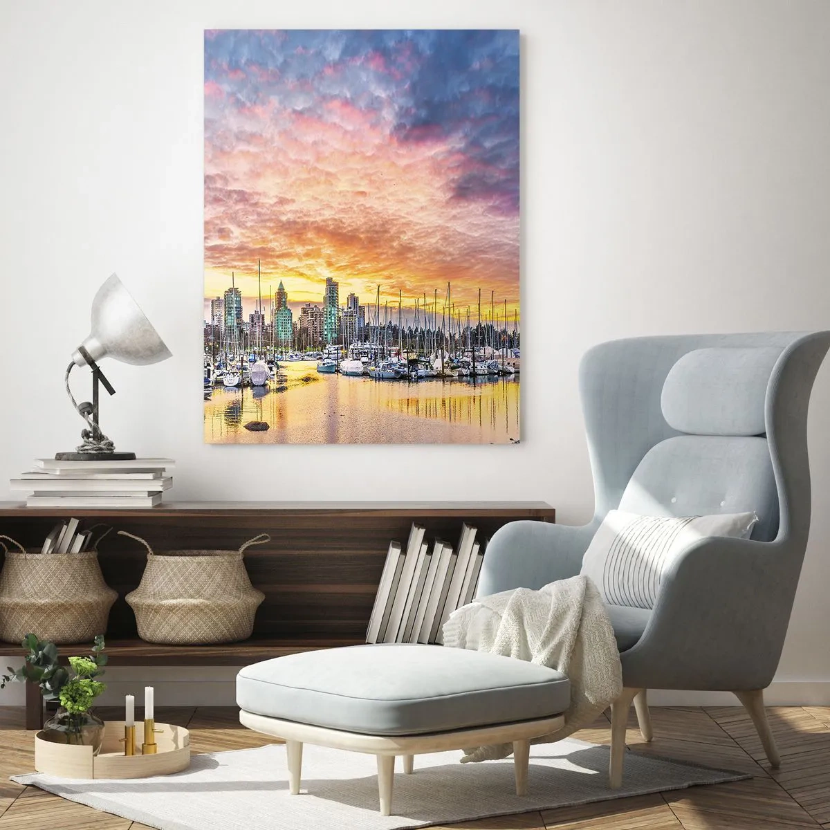 Impression sur verre - Image sur verre - Coucher de soleil sur la marina avec bateaux et gratte-ciels - 50x70cm - La cité aux mille marins - Décoration murale moderne pour le salon et la chambre ARTTOR