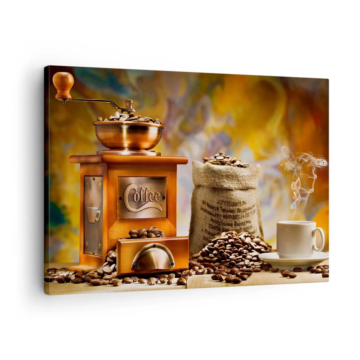 Impression sur toile - Image sur toile - Moulin à café avec des grains et une tasse en arrière-plan - 70x50cm - Le craquement des grains, le cliquetis d'un moulin - Décoration murale moderne pour le salon et la chambre ARTTOR