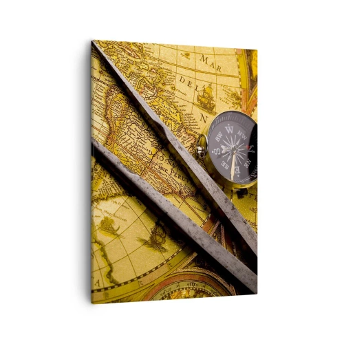 Impression sur toile - Image sur toile - Une carte du monde antique avec une boussole et un compas en arrière-plan - 50x70cm - Où sont ces trésors? - Décoration murale moderne pour le salon et la chambre ARTTOR