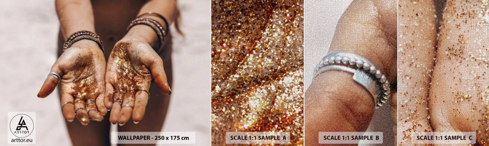 Échantillon de Papier Peint Premium Canvas - Un don pour vous - Mains de femmes, Bohème, Or - 100x30 cm