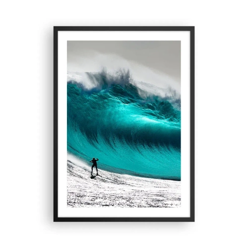 Affiche dans un cadre noir - Poster - Un surfeur devant une énorme vague turquoise. - 50x70cm - Challenge accepté - Décoration murale moderne pour le salon et la chambre ARTTOR