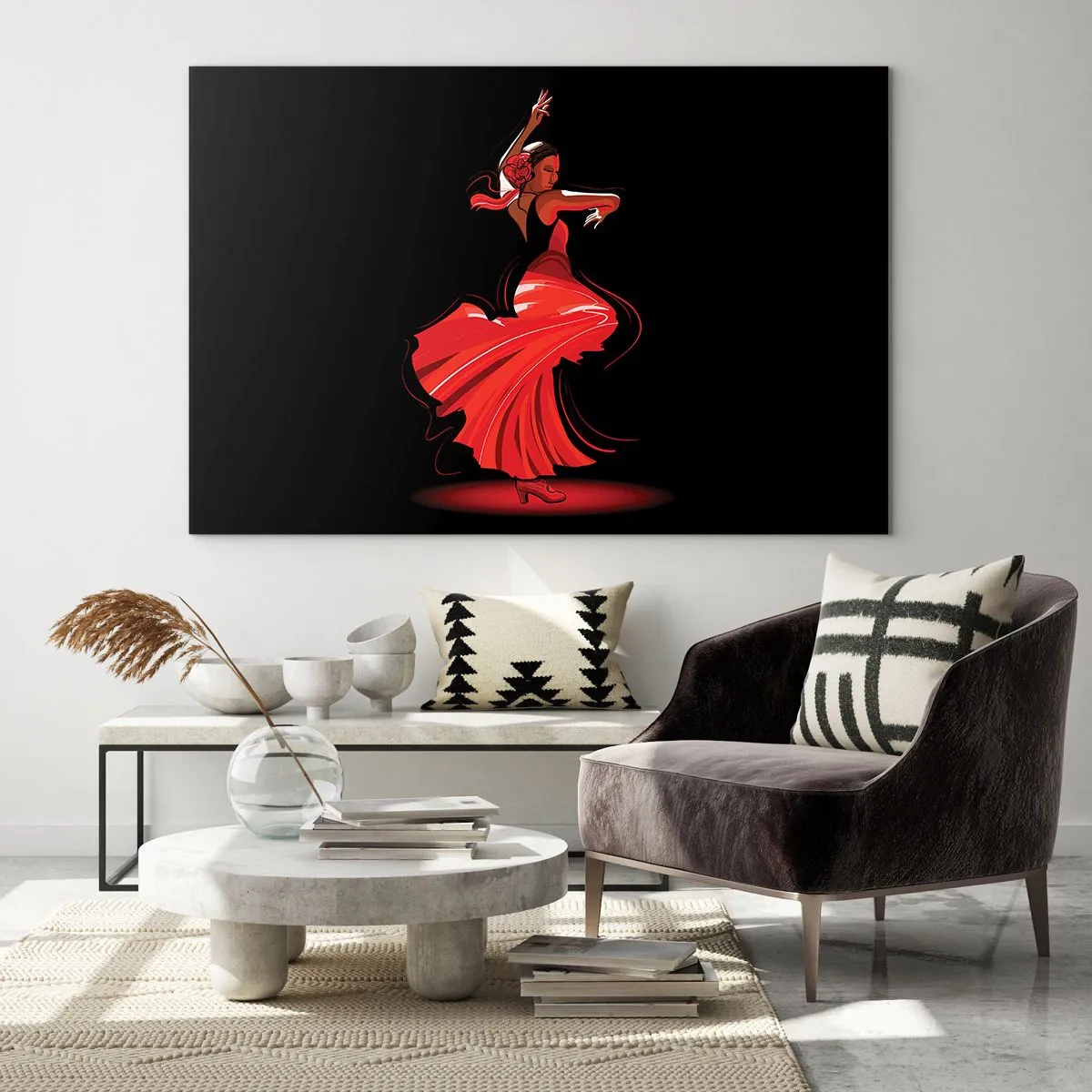 Impression sur verre - Image sur verre - Danseuse de flamenco en robe rouge sur fond noir - 120x80cm - L'esprit fougueux du flamenco - Décoration murale moderne pour le salon et la chambre ARTTOR