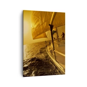 Impression sur toile - Image sur toile - Voilier en mer au coucher du soleil, lueur dorée. - 50x70cm - Une soirée en por après une journée haute en couleurs - Décoration murale moderne pour le salon et la chambre ARTTOR