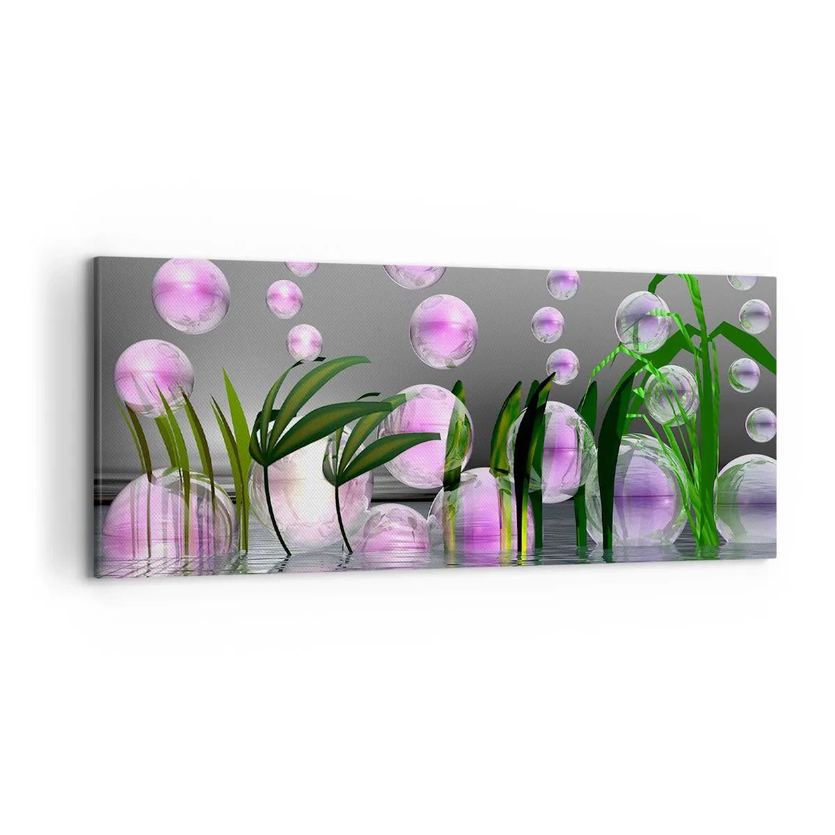 Impression sur toile - Image sur toile - Feuilles vertes et bulles roses au-dessus de l'eau sur fond gris - 120x50cm - Une composition réfléchissante de légèreté et de vie - Décoration murale moderne pour le salon et la chambre ARTTOR