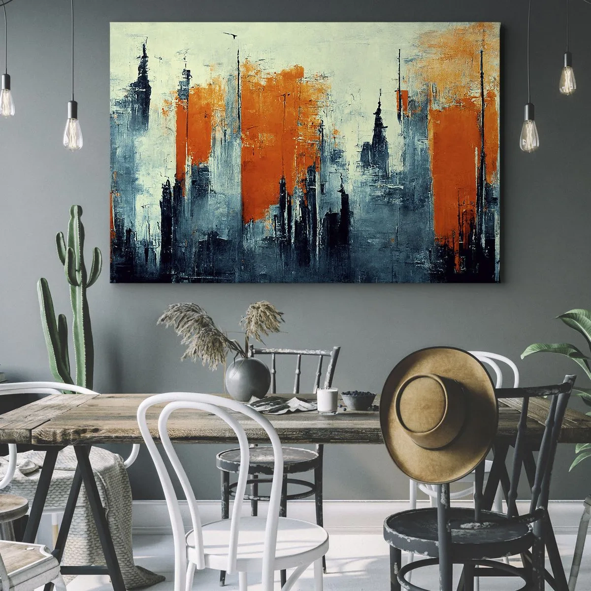 Impression sur toile - Image sur toile - Paysage urbain abstrait dans des tons orange et bleu - 100x70cm - Paysage moderne - Décoration murale moderne pour le salon et la chambre ARTTOR