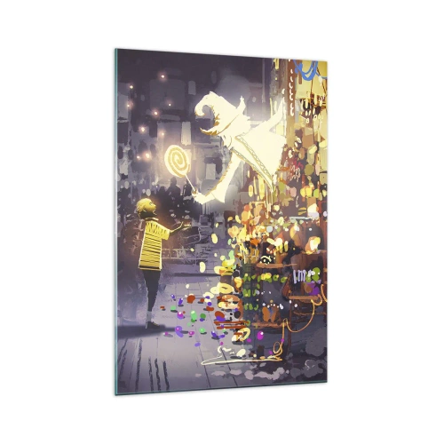 Impression sur verre - Image sur verre - Un personnage de conte de fées et un enfant dans une rue pleine de lumières et de magie - 70x100cm - La magie existe - Décoration murale moderne pour le salon et la chambre ARTTOR