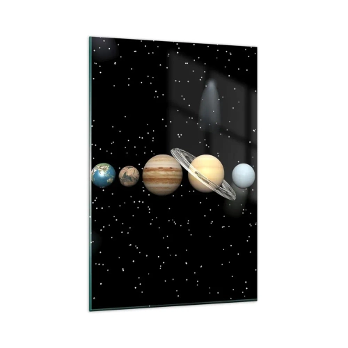Impression sur verre - Image sur verre - Le système solaire avec des planètes sur fond d'étoiles dans l'espace - 80x120cm - Et les planètes sont folles, sont folles... - Décoration murale moderne pour le salon et la chambre ARTTOR
