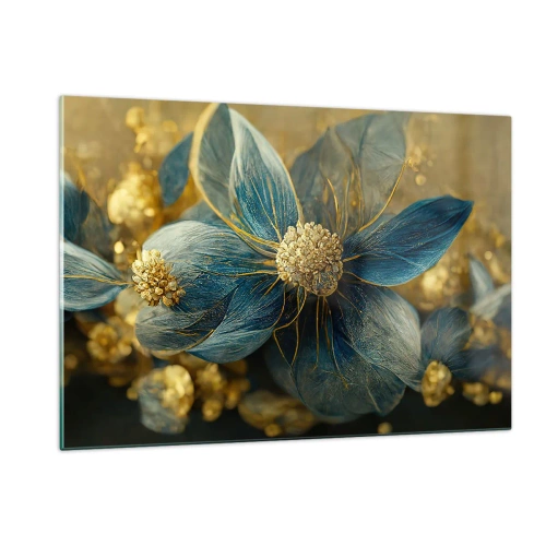 Impression sur verre - Image sur verre - Fleurs bleues et dorées avec une sensation luxueuse - 120x80cm - Fleurir avec de l'or - Décoration murale moderne pour le salon et la chambre ARTTOR