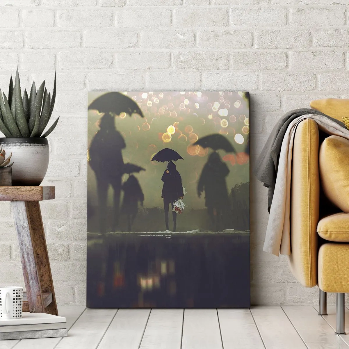 Impression sur toile - Image sur toile - Une silhouette avec un parapluie un soir pluvieux parmi les lumières de la ville - 70x100cm - Du point de vue d'une goutte de pluie - Décoration murale moderne pour le salon et la chambre ARTTOR