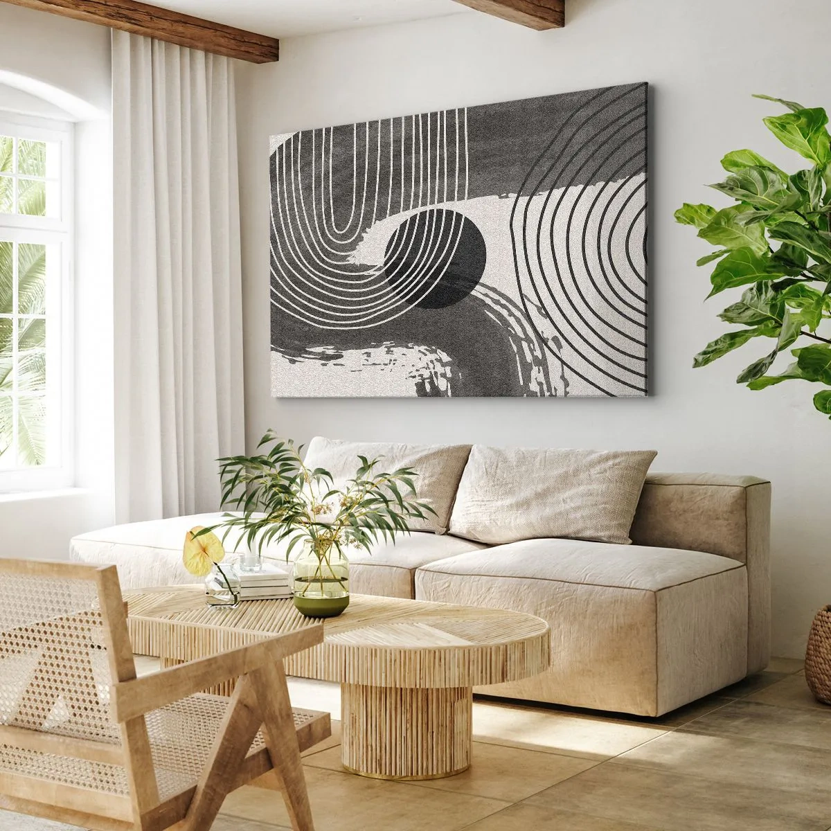 Impression sur toile - Image sur toile - Lignes géométriques et ovales dans des tons monochromes - 120x80cm - L'ovale gagne - Décoration murale moderne pour le salon et la chambre ARTTOR