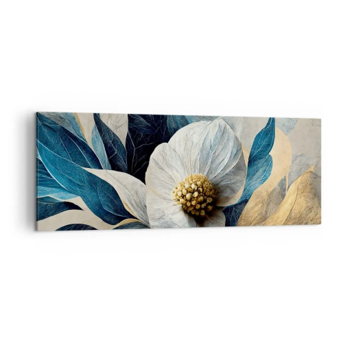 Impression sur toile - Image sur toile - Une fleur aux feuilles bleues sur un fond élégant - 140x50cm - Il a un coeur d'or - Décoration murale moderne pour le salon et la chambre ARTTOR
