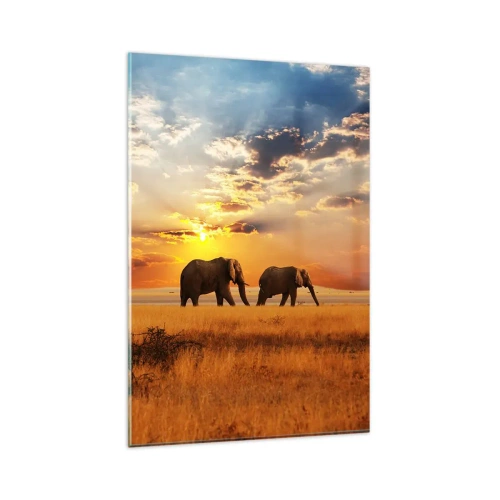 Impression sur verre - Image sur verre - Éléphants dans la savane au coucher du soleil - 80x120cm - Déambulation familliale - Décoration murale moderne pour le salon et la chambre ARTTOR
