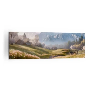 Impression sur toile - Image sur toile - Une vallée de montagne avec des prairies, des cabanes et une vue sur les sommets - 160x50cm - Vallée idyllique - Décoration murale moderne pour le salon et la chambre ARTTOR