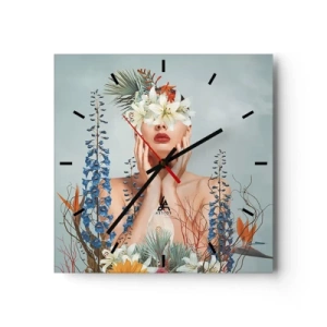Horloge murale - Pendule murale - Portrait d'une femme avec un motif floral sur fond bleu - 30x30cm - Femme - fleur - Décoration murale moderne pour le salon et la chambre ARTTOR