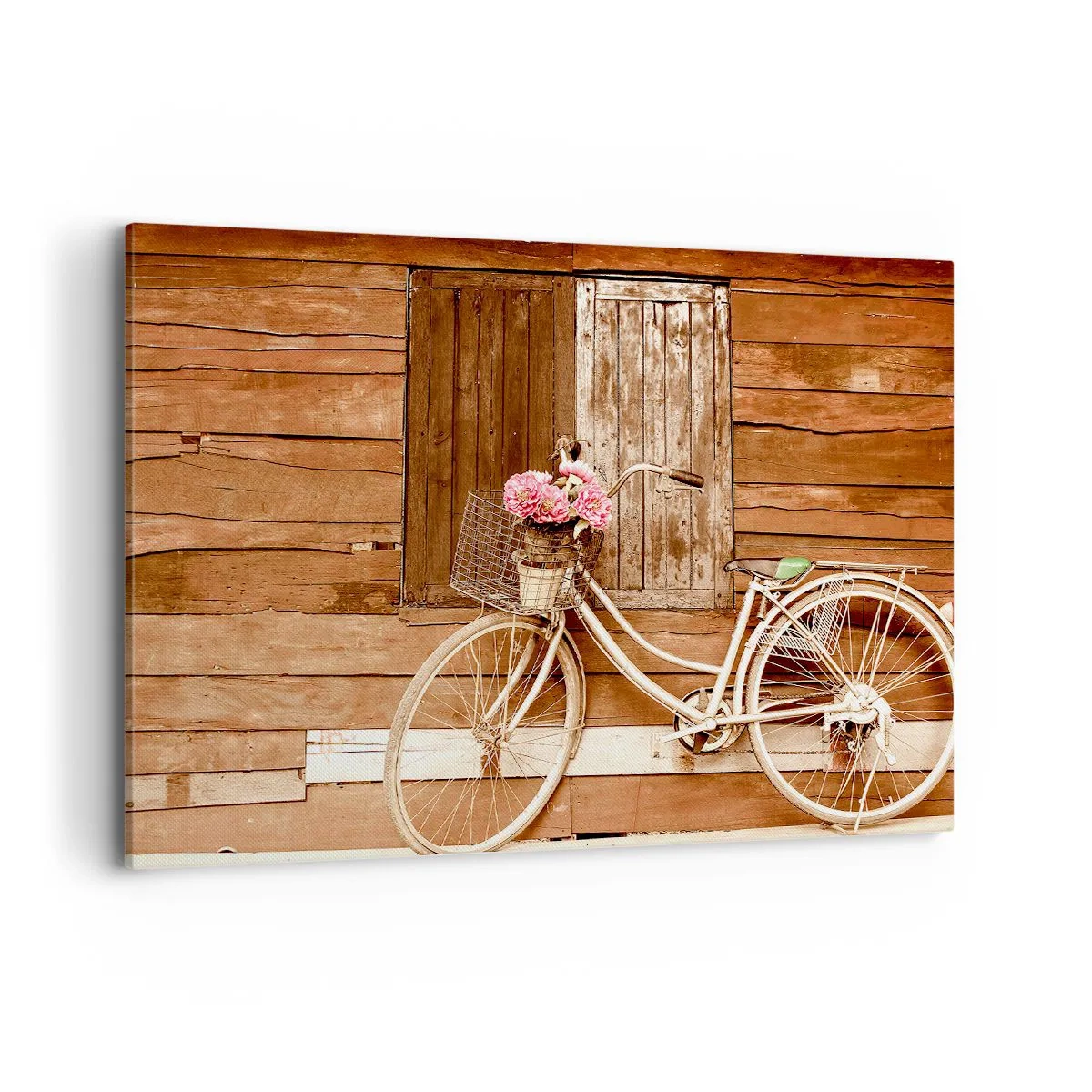 Impression sur toile - Image sur toile - Un vélo avec un panier rempli de roses contre un mur en bois - 100x70cm - Je reviens tout de suite - Décoration murale moderne pour le salon et la chambre ARTTOR