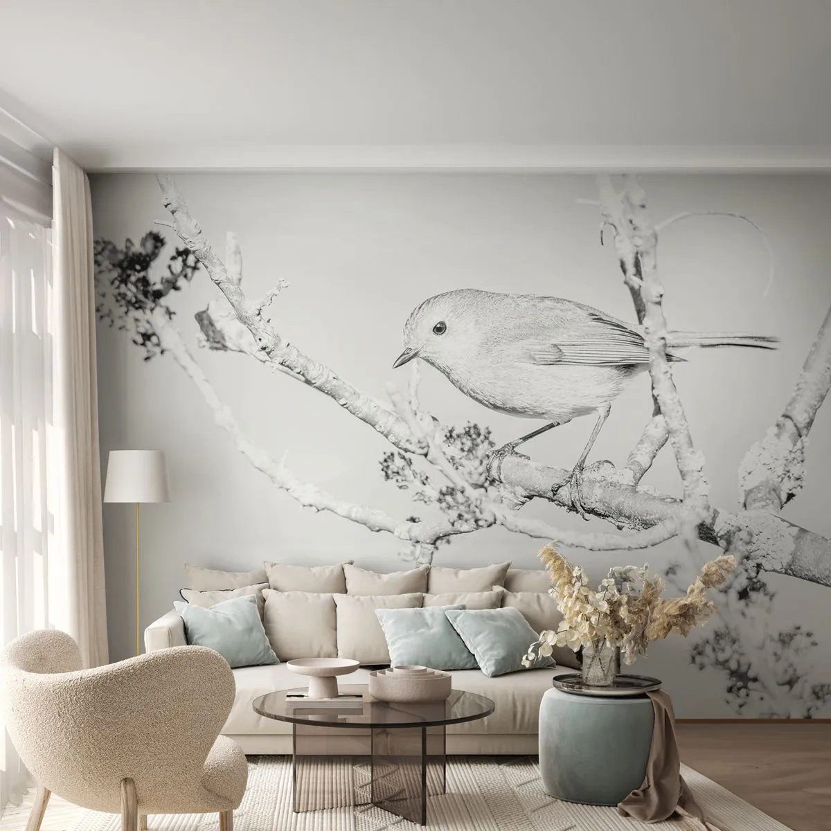 Papier Peint Photo Premium Sand - Un oiseau sur une branche dans un paysage hivernal en noir et blanc - 100x70cm - Matin d'hiver - Décoration murale moderne pour le salon et la chambre ARTTOR